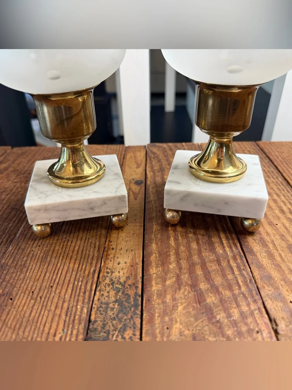 Frosted Glass and Brass Table Candle Lamp Pair with Marble Base